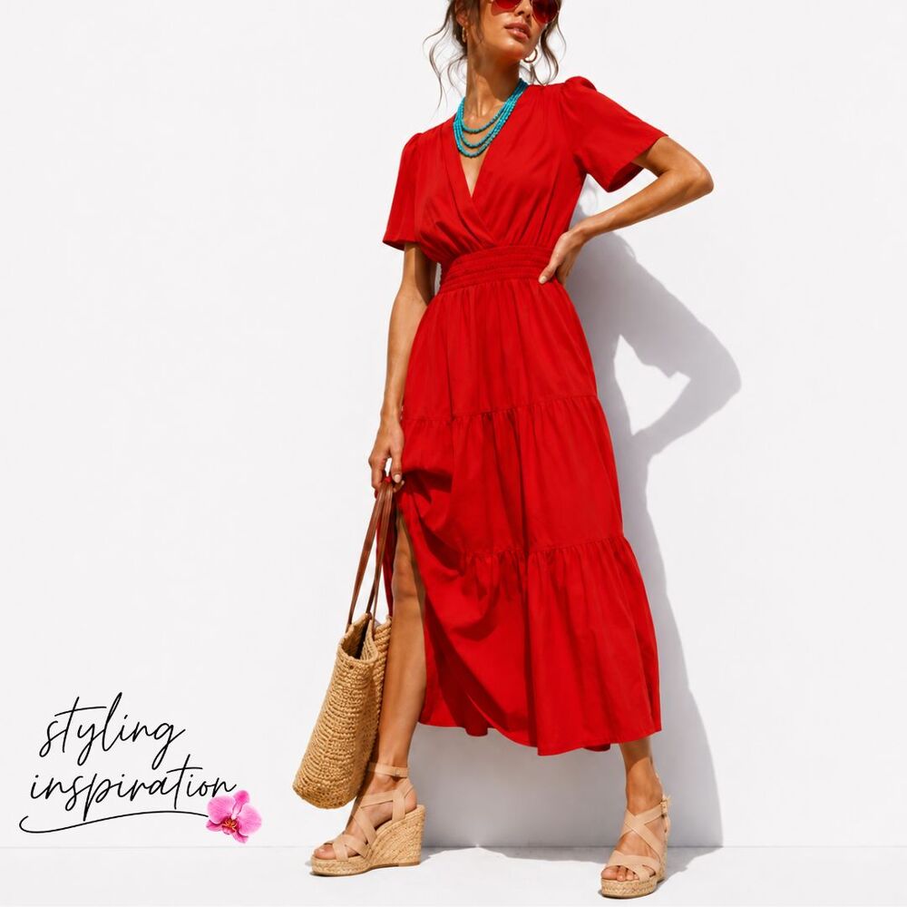 Womens Poppy Red Tiered Maxi Dress Medium Smocked Waist Boho Cottagecore Resort - Picture 10 of 10